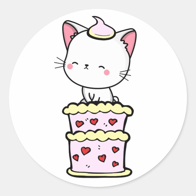 Sticker Rond Drôle chat blanc sautant d'un gâteau (Devant)