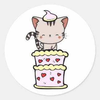 Sticker Rond Drôle chat Tabby sautant d'un gâteau