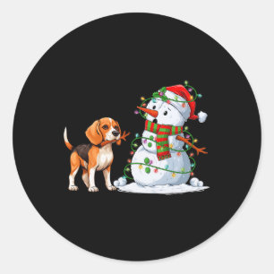 Sticker Rond Drôle chien Beagle Snowman feux de Noël Xma