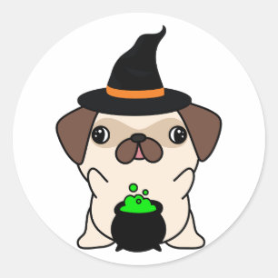 Sticker Rond Drôle chien de carlin est une sorcière