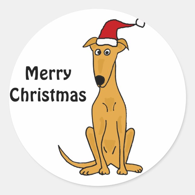 Sticker Rond Drôle Chien Greyhound à Santa Hat Art de Noël (Devant)