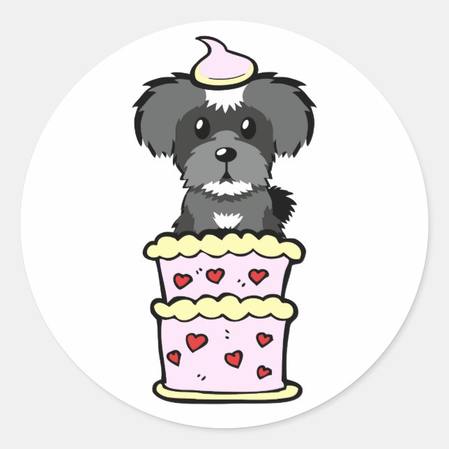 Sticker Rond Drôle chien schnauzer sautant d'un gâteau (Devant)