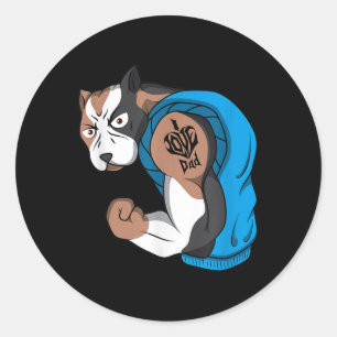 Sticker Rond Drôle Chien taureau Pit J'aime Papa Tattoo Muscle 
