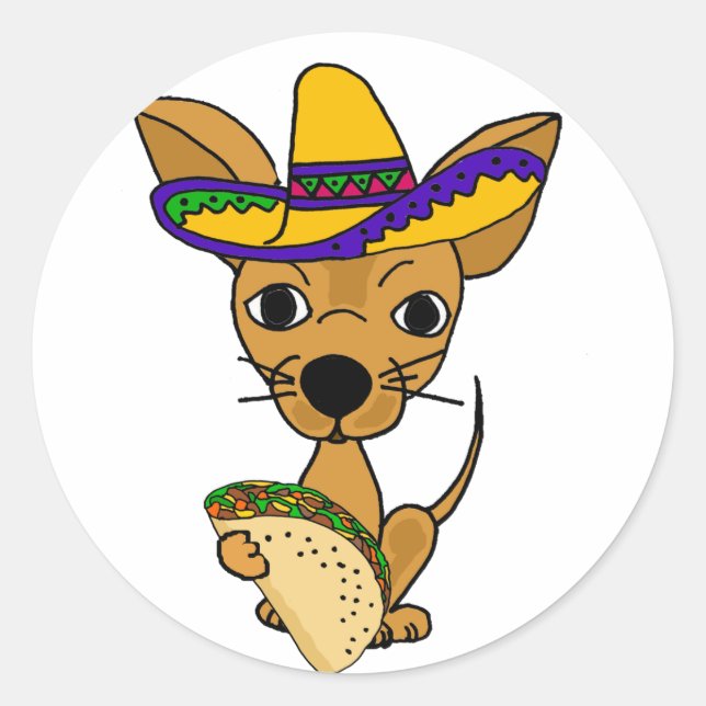 Sticker Rond Drôle Chihuahua mangeant Taco Cartoon (Devant)