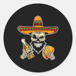 Sticker Rond Drôle Crâne Mexicain À Sucre Avec Tacos Et Bière