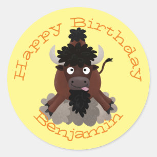 Sticker Rond Drôle dessin animé de buffle anniversaire personna