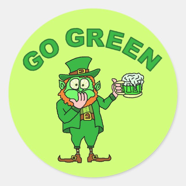 Sticker Rond Drôle "Devenez écolo" Drunk Leprechaun (Devant)