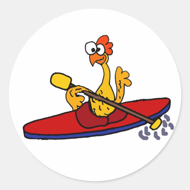 Sticker Rond Drôle en caoutchouc Poulet kayak dessin animé (Devant)