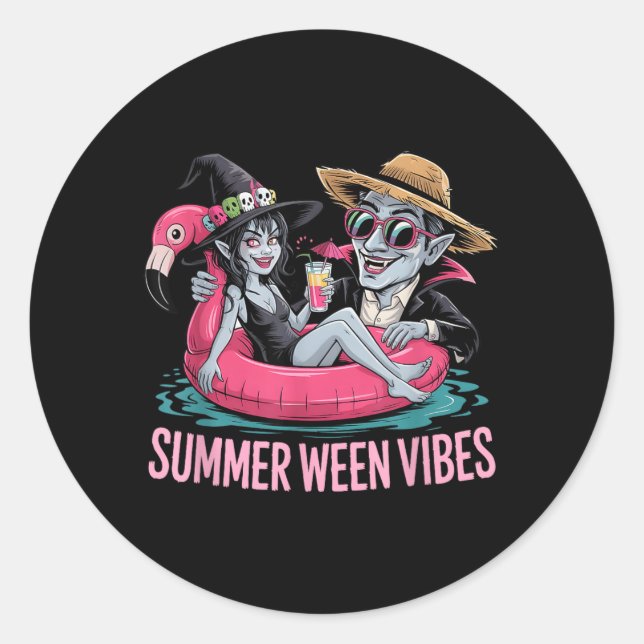 Sticker Rond Drôle et sorcière flottante Halloween été Ween Par (Devant)