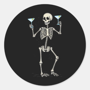 Sticker Rond Drôle Halloween Squelette Boire Martini Tail