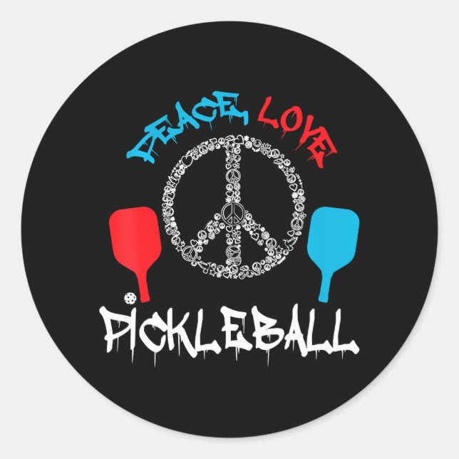 Sticker Rond Drôle joueur de Pickleball cadeau Paix Amour (Devant)