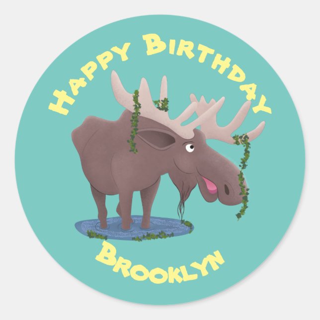 Sticker Rond Drôle joyeux dessin d'orignal illustration classiq (Devant)