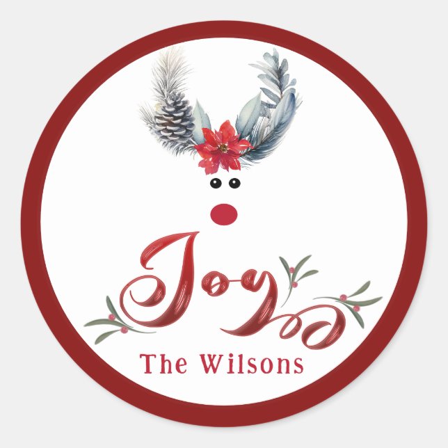 Sticker Rond Drôle joyeux poinsettia joie des rennes (Devant)