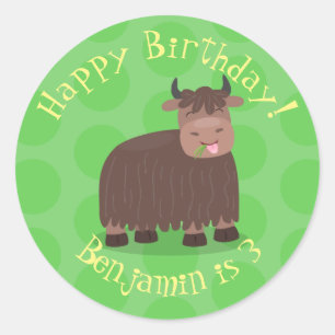 Sticker Rond Drôle joyeux yak mangeant de l'herbe dessin d'illu