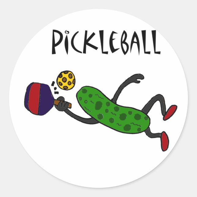 Sticker Rond Drôle Leaping Pickle Jouer Pickleball (Devant)