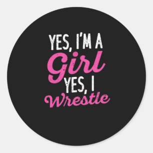 Sticker Rond Drôle lutte fille lutteur femme oui Je suis