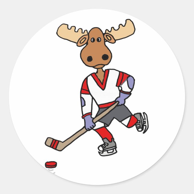 Sticker Rond Drôle Moose Jouer Cartoon De Hockey Sur Glace (Devant)