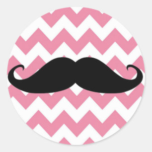 Sticker Rond Drôle Moustache Noire Et Motif Chevron Rose