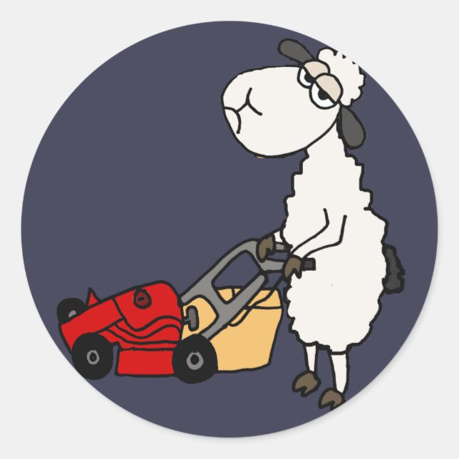 Sticker Rond Drôle Mouton Mowing Grass Dessin (Devant)
