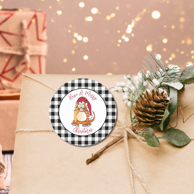 Sticker Rond Drôle Noël Cartoon Chat Santa Hat Holiday (Créateur téléchargé)