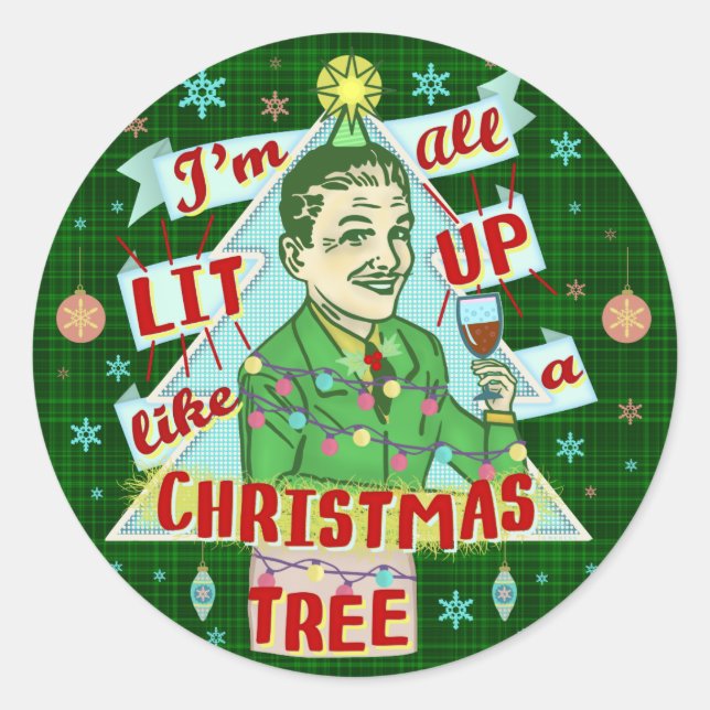 Sticker Rond Drôle Noël Rétro Boire Humour Homme Éclairé (Devant)