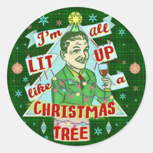 Sticker Rond Drôle Noël Rétro Boire Humour Homme Éclairé