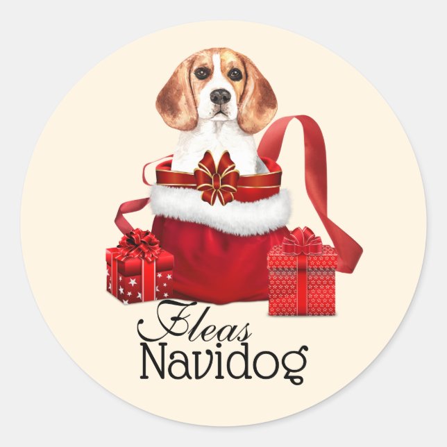 Sticker Rond Drôle Noël vacances beagle chien puces navidog (Devant)