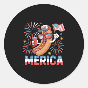 Sticker Rond Drôle Patriotique Hotdog Merica Style 4 juillet Bb