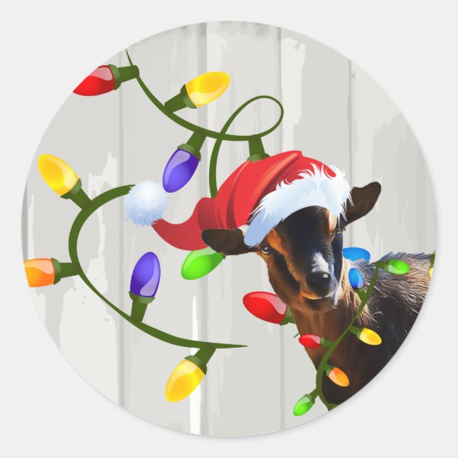Sticker Rond Drôle Père Noël chèvre et lumières de Noël (Devant)