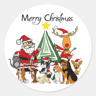 Sticker Rond Drôle Père Noël et amis Caricature de Noël