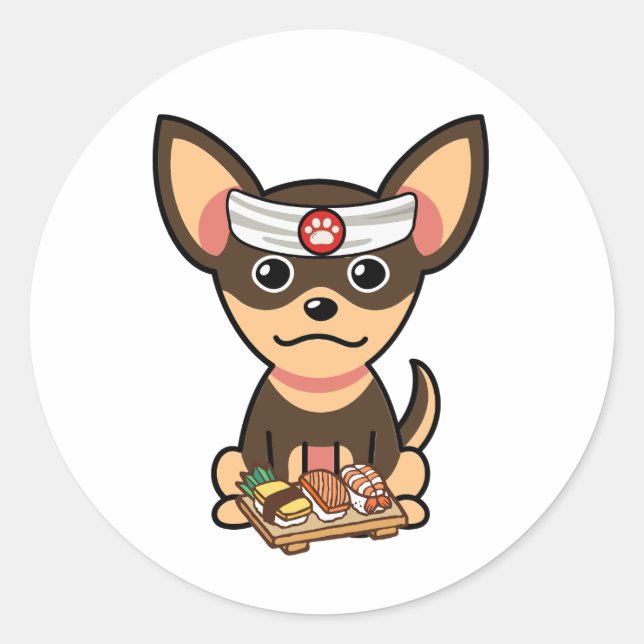 Sticker Rond Drôle petit chien est un chef sushi (Devant)