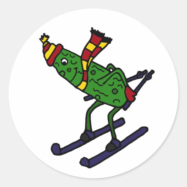 Sticker Rond Drôle Pickle Skiing Cartoon (Devant)