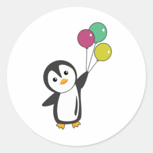 Sticker Rond Drôle Pingouin S'Envole Avec Des Ballons