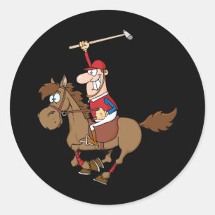 Sticker Rond Drôle Polo course cheval dessin animé