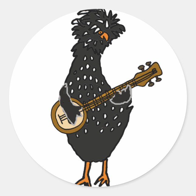 Sticker Rond Drôle Polonais Poulet Jouant Banjo Art (Devant)