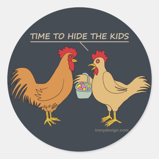 Sticker Rond Drôle Poulet de Pâques Chasse aux Oeufs Carton Ble (Devant)