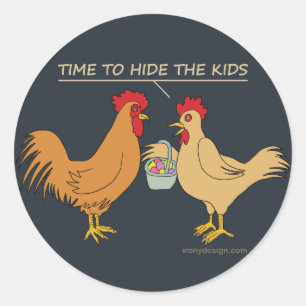Sticker Rond Drôle Poulet de Pâques Chasse aux Oeufs Carton Ble
