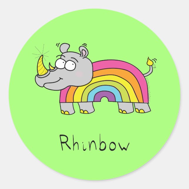 Sticker Rond Drôle Rhino Rainbow Cute Kids Cartoon (Devant)