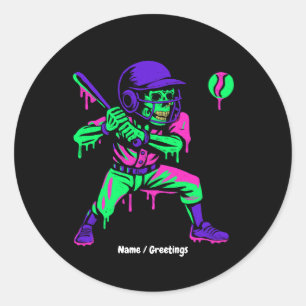 Sticker Rond Drôle Skeleton Batting Glace Cream Driving Basebal