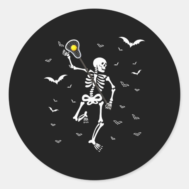 Sticker Rond Drôle Skeleton Lacrosse mignonne Halloween Lacross (Devant)