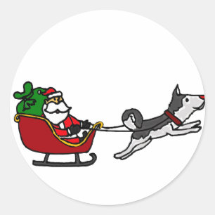 Sticker Rond Drôle Sleigh de Noël avec Husky Dog Pulling