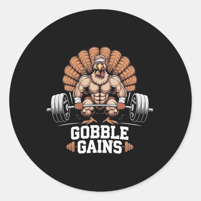 Sticker Rond Drôle Thanksgiving Turkey Gains Gym entraînement (Devant)