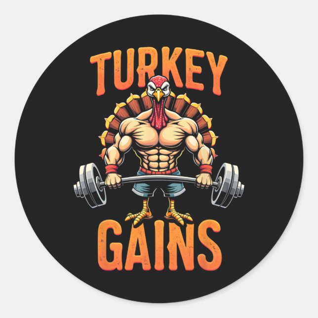 Sticker Rond Drôle Thanksgiving Turquie gagne Motivation Gym Wo (Devant)