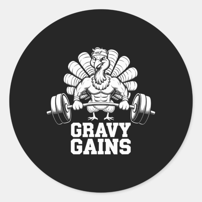 Sticker Rond Drôle Thanksgiving Turquie Gravy Gains Motivation  (Devant)