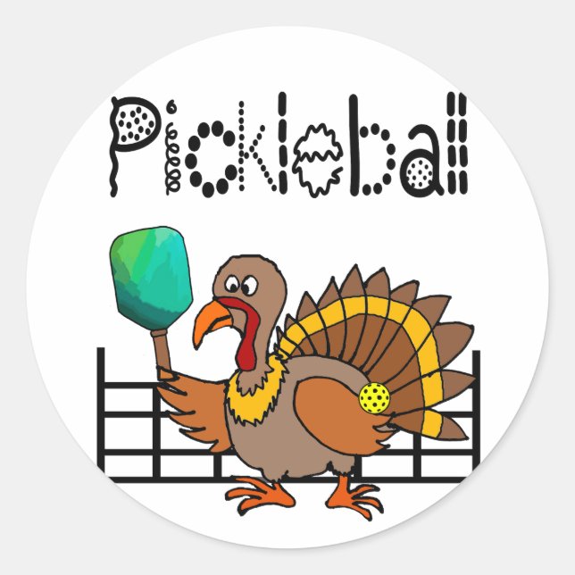 Sticker Rond Drôle Turquie jouant au Pickleball Thanksgiving (Devant)