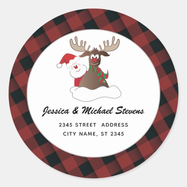 Sticker Rond Drôle vacances dessin animé rennes Père Noël plaid (Devant)
