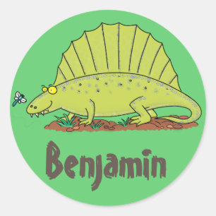 Sticker Rond Drôle vert dimétrodon dessin animé dinosaure