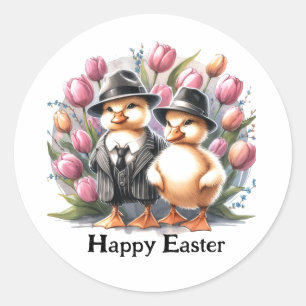 Sticker Rond Drôle Vintage Canettes de Pâques en costume Tulipe