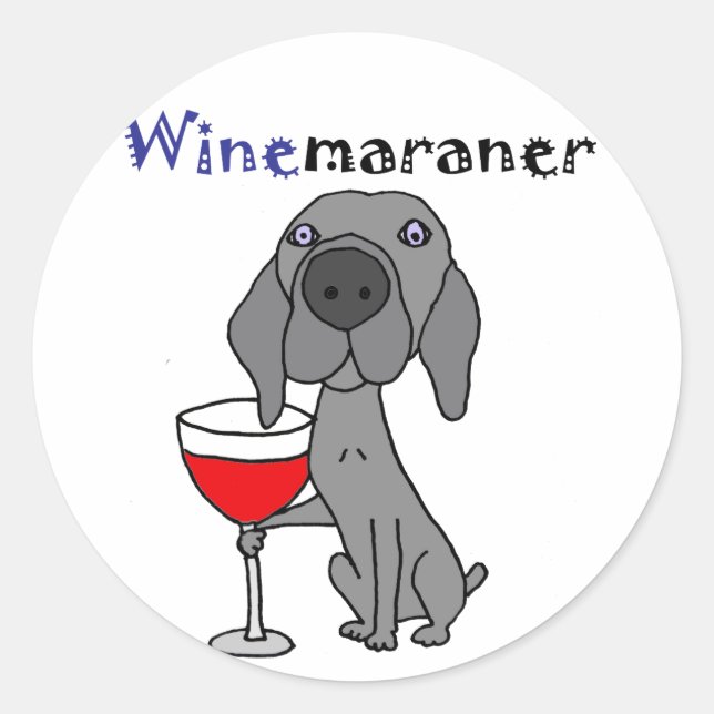 Sticker Rond Drôle Weimaraner Chien Boire du vin rouge (Devant)