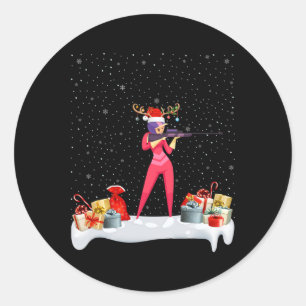 Sticker Rond Drôle Xmas Éclairage Reindeer Santa Hat Biathlon C